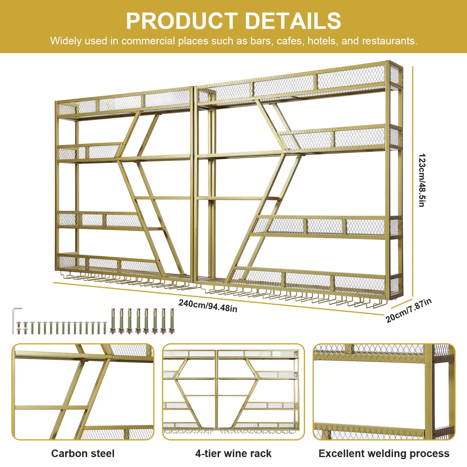 Metal Wine Bottles Storage Display Storage Shelf with Wine Glass Holder Hanging Wine Storage Racks for Home Dining Room Kitchen