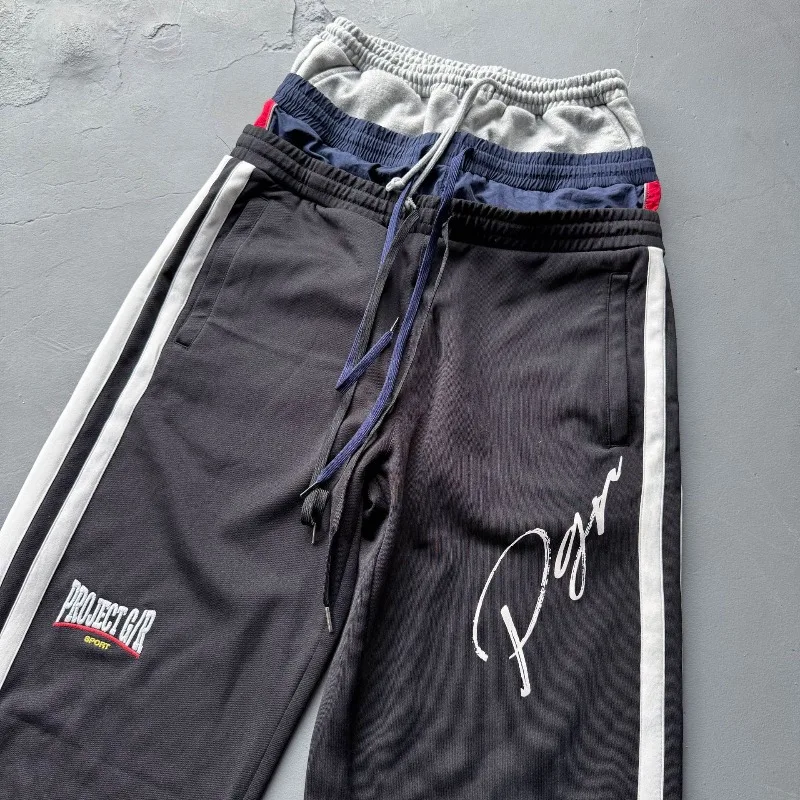 Falso três pés cintura design listra projeto g/r calças cruzadas bordado etiqueta das mulheres dos homens soltos calças de moletom casuais jogger