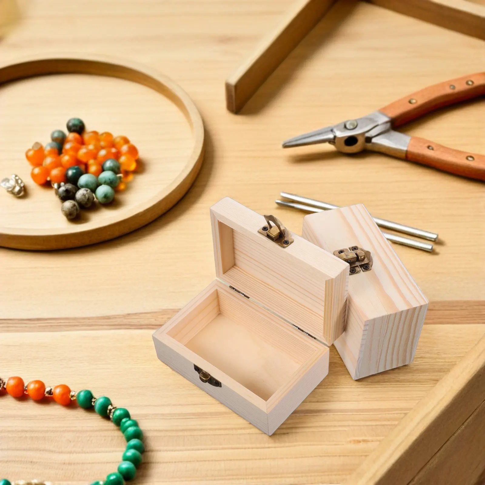 2Pcs Small Unfinished Wood Jewelry Box Natural Pine Hinged Lid DIY Craft Storage Chest Retro Treasure Chest Jewelry Organizer