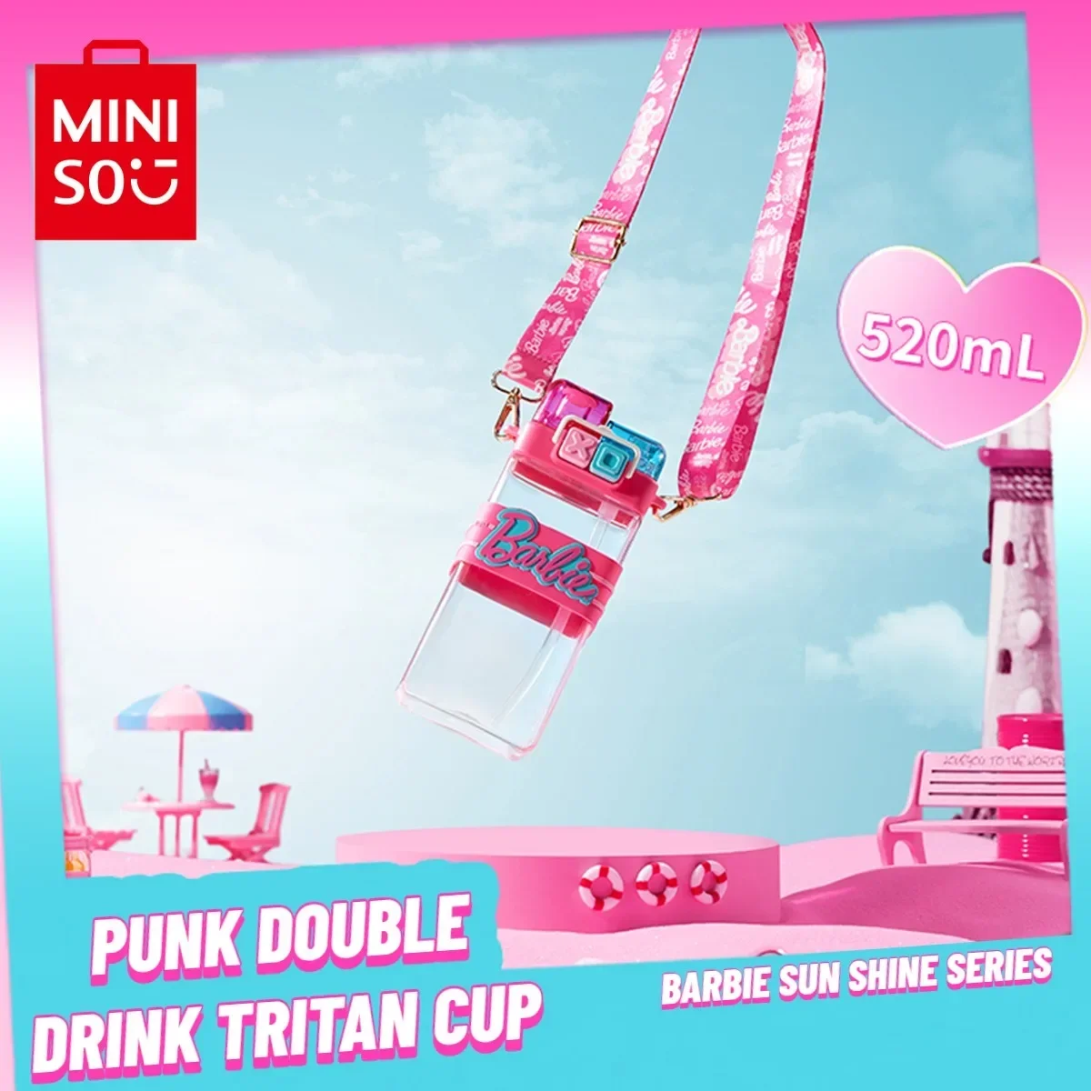 

MINISO Barbie Daylight Shine Serie 520ml Punk Double Drink TRITAN Cup Portable Strap Large Capacity Water Cup Outdoor Gift