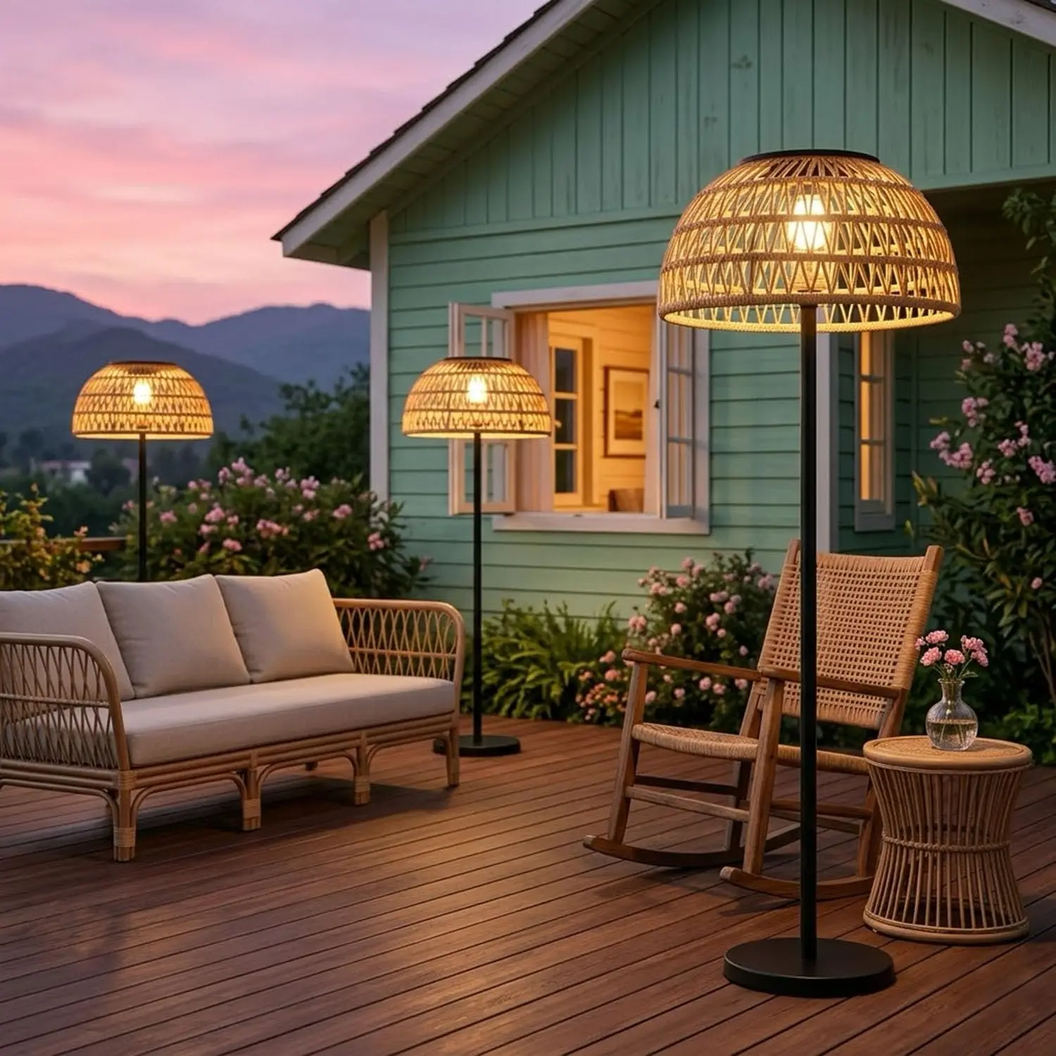 Beige Solar Outdoor Floor Lamp with Solar & USB Dual Charging