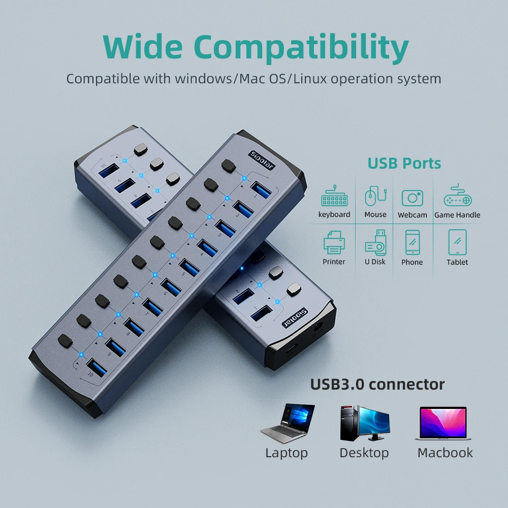 FS-803 Sipolar usb hub 3.0 with independent switch usb fast speed 5GB  phone charger station 10 charger port usb hub