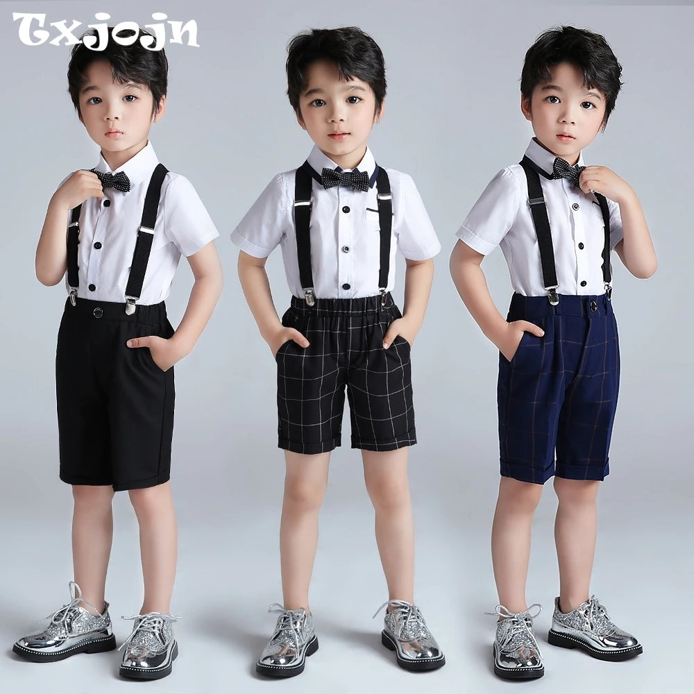 

Fast Ship Boys Formal Overalls Sets 4 Pieces Graduation Ceremony Outfit Comfortable Shirt Jumpsuit With Bow-tie Performance Wear