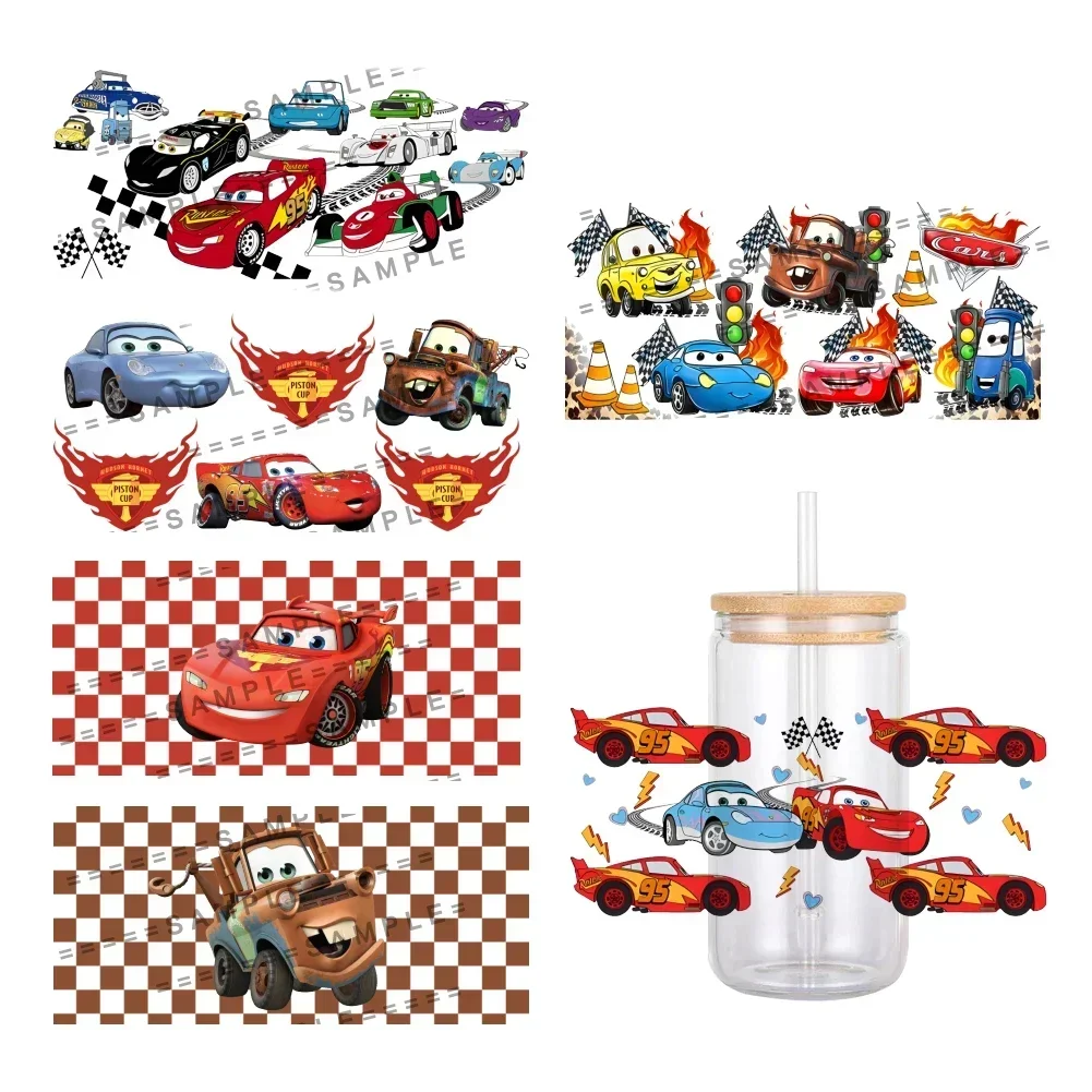 Disney filme carros relâmpago mcqueen uv dtf transferência adesivo à prova dwaterproof água transferências decalques para 16oz copo de vidro envoltório adesivos