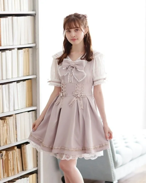 

Japanese Style Sweet Cute Navy Collar Bow Tie Mass Production Soft Girl Dress Chiffon Material V-neck High-waist A-line Skirt