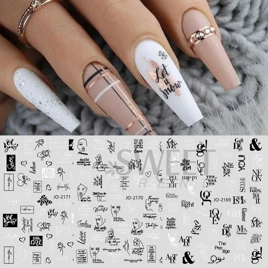 Black Letters ABC Word Sticker for Nails Art Decorations 3D Design Sliders Abstract Face Decals Foil Manicure Accessories SWJO