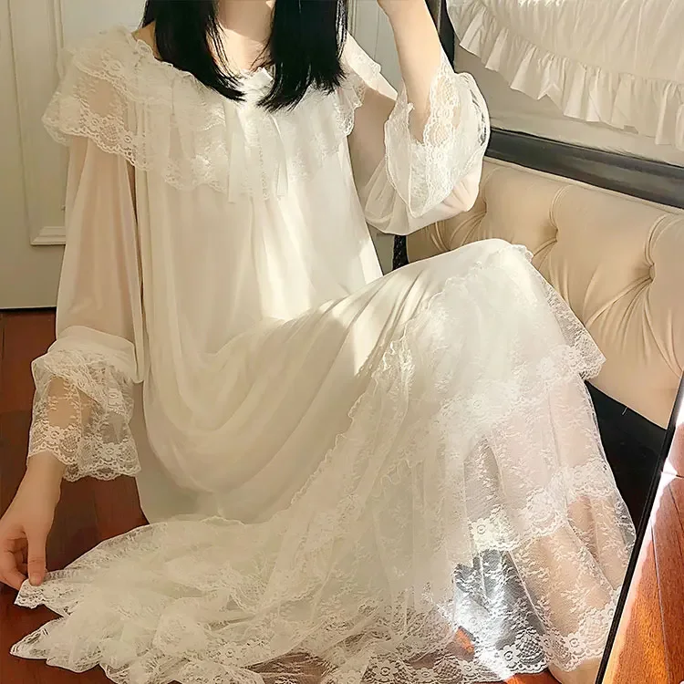 Women\'s Lolita White Princess Dress Sleepshirts Vintage Palace Style Multilayer Lace Mesh Nightgowns.Nightdress Sleep Loungewear