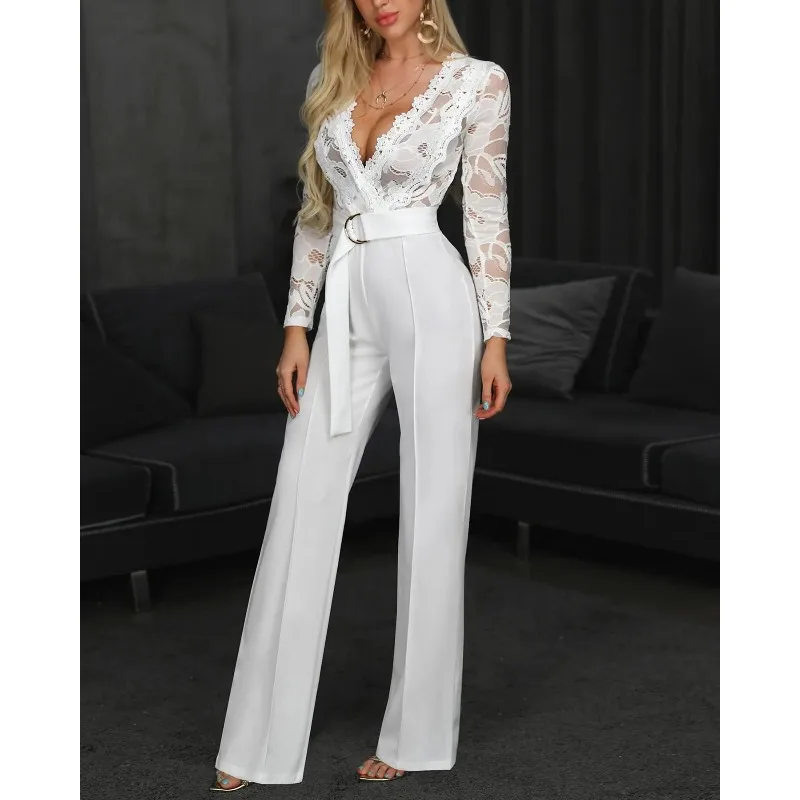 

Spring New Arrival Woman Lace Stitching Long Sleeve V-neck Wide Leg Pants With Belt White Jumpsuits Lady Women's Clothing Offers