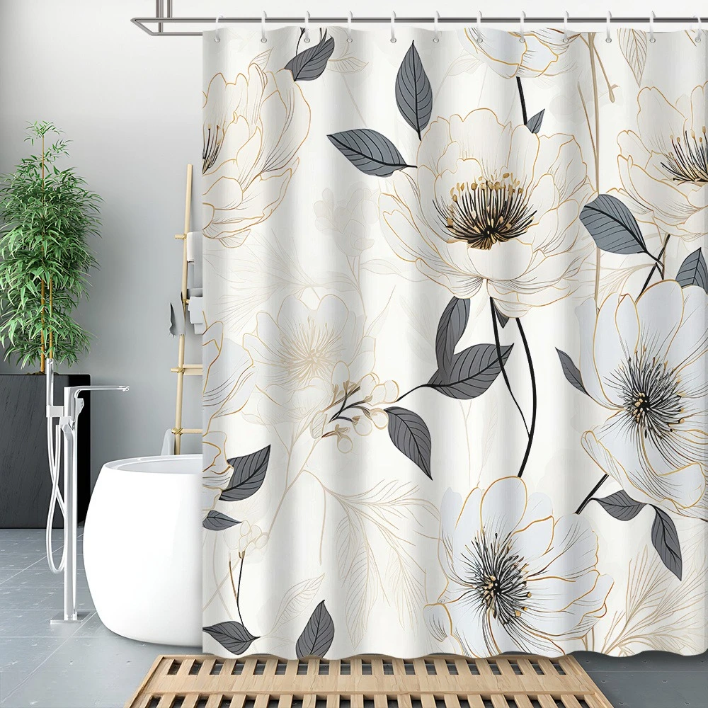 1pc 2D Flat Print Black and White Line Floral Pattern Shower Curtain,, Includes 12 Hooks, Bathroom Accessory, 2D Flat
