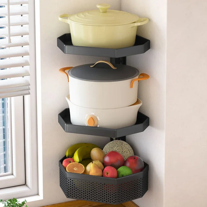 

Wall Mounted Kitchen Pot Rack, Multi-Layer Storage Organizer, Triangular Vegetable Basket, Space-Saving Pot Holder