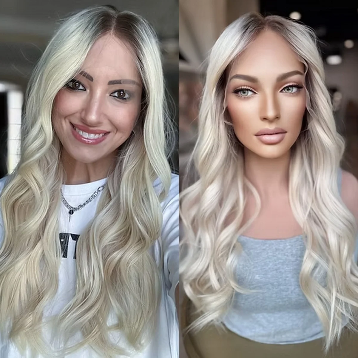 

26 дюймовПред выщипанные волосы Ombre Пепельно-русый Свободные волны Роскошный синтетический HD Невидимый парик фронта шнурка 180% Плотность Женский парик