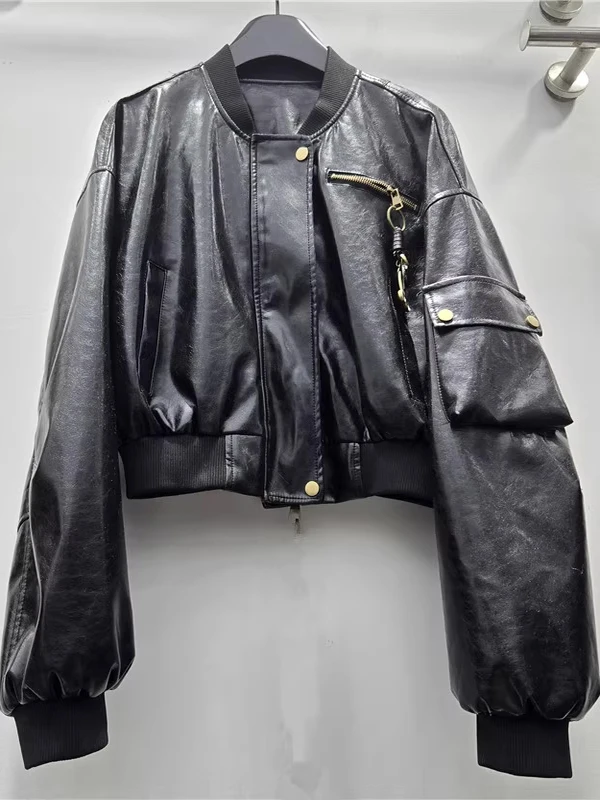 Retro americano sle ort couro jaet outerwear feminino gola zíper ket decoração casaco de couro do plutônio quente menina vento