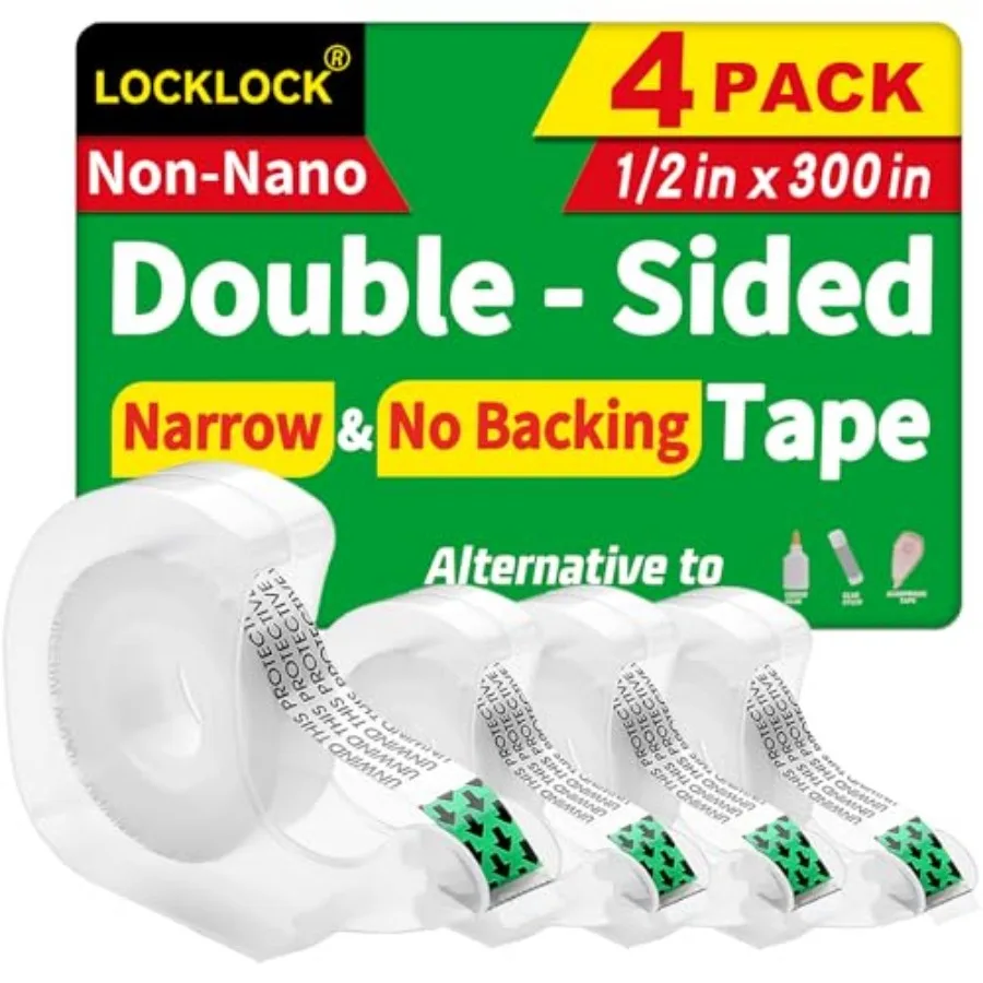 

Double Sided Tape, Light Duty Permanent Tape with Dispenser, Narrow Width, Translucent, 4 Pack, 1/2 x 300 Inch, Double Stick Ta