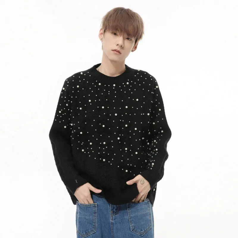 Korean Style Men's Sweaters Casual Round Collar Pearl Design Solid Color Loose Pullover Tops New Trendy Male Knits 2024