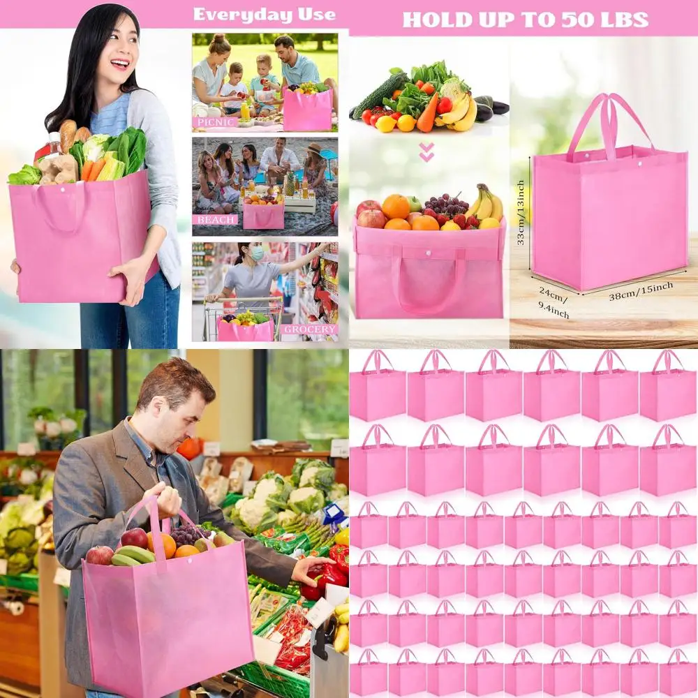

Reusable Grocery Bags, 48-Pack, Large Collapsible Shopping Totes with Handles, 13L x 9.4W x 15H, Non-Woven Material