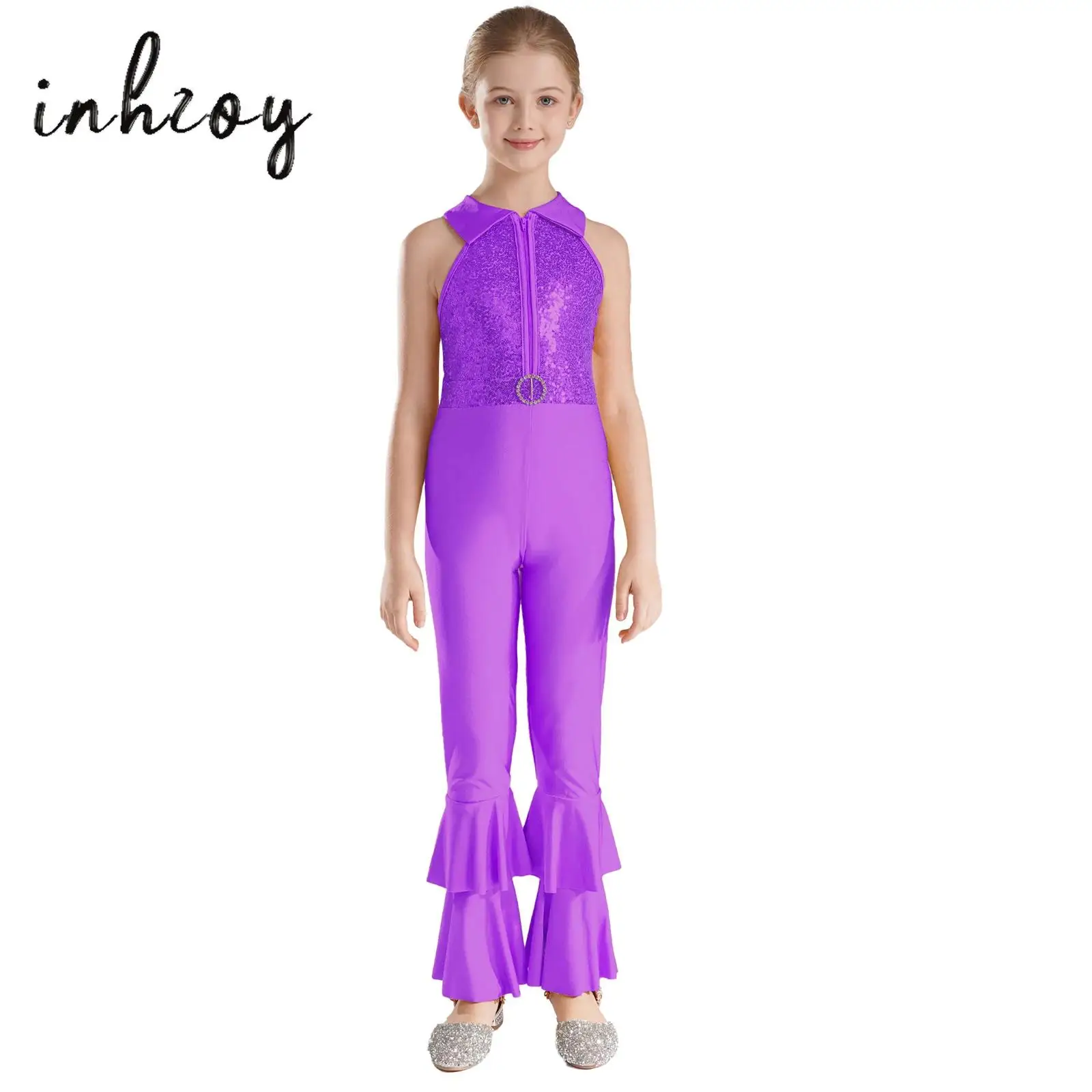 

Детский комбинезон с блестками для девочек, танцевальная одежда, блестящая Ретро винтажная модель, для дискотеки, танцев, сценических представлений, с отложным воротником