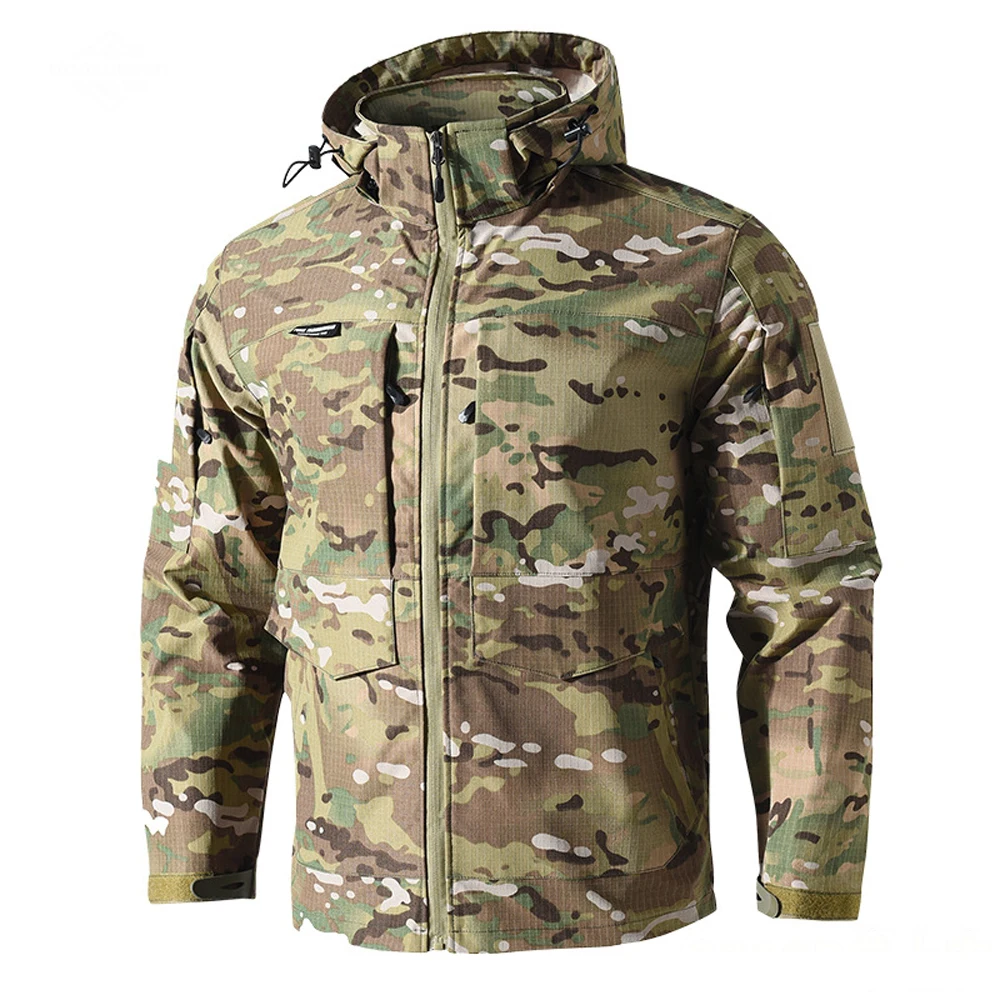 Spring Autumn Mens Camo Cargo Jackets Outdoor Men Hiking Tactical Windbreaker Hooded Coats Men Camping Waterproof Work Jackets