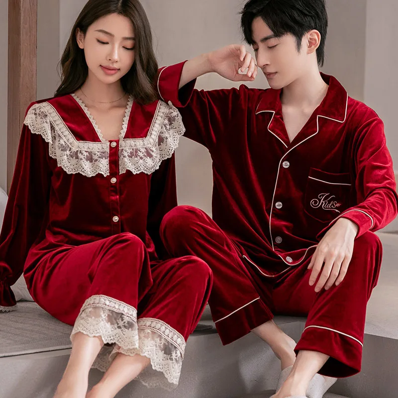 

New Couple Pajamas Autumn Winter Velvet Cardigan Pants Lace Luxury Pajama Sets 2 Pieces Loungewear Casual Suits French Sleepwear