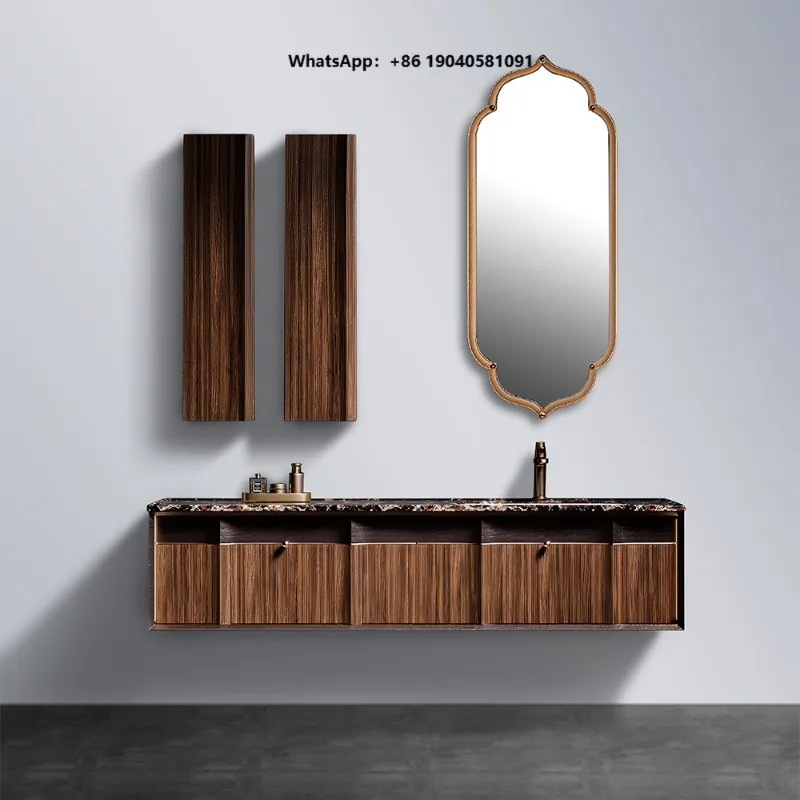 Vintage Walnut Wall Mounted Bathroom Vanity Set Ornate Mirror Black Marble Top Base Side Bathroom Cabinet