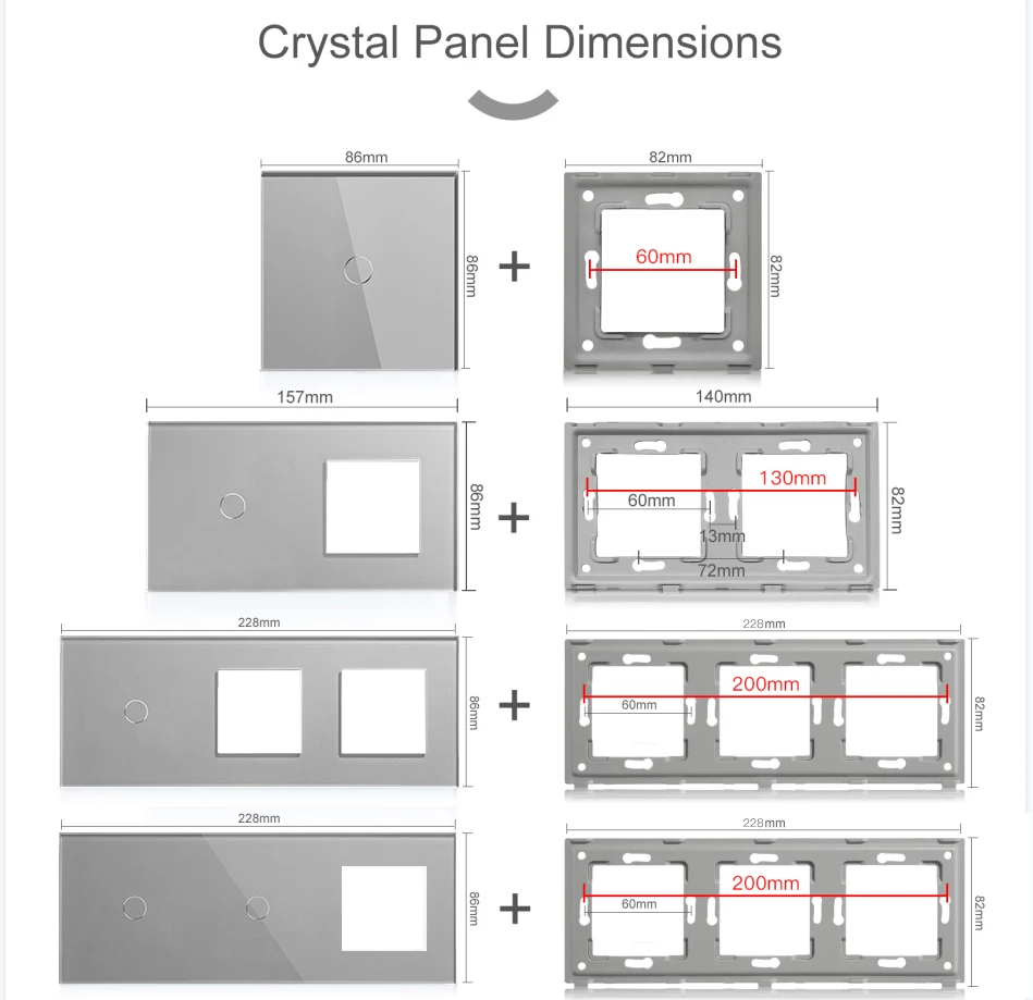 BSEED EU Standard 86mm Pearl Crystal Glass Single Panel With Metal Frame White Black Glod Grey Color Wall Touch Switch DIY Part