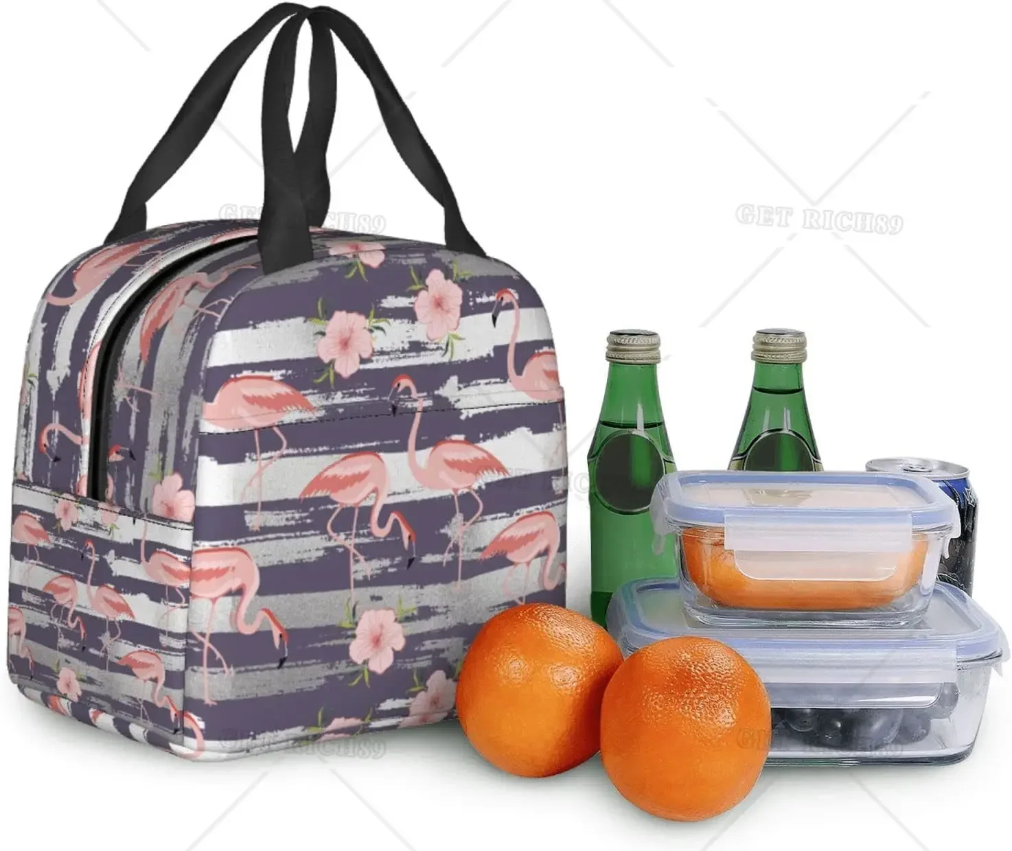 Roze Flamingo Paarse Grijze Strepen Geïsoleerde Lunch Tas Voor Vrouwen Meisjes Koeler Rugzak Herbruikbare Draagbare Lunchbox Draagtas