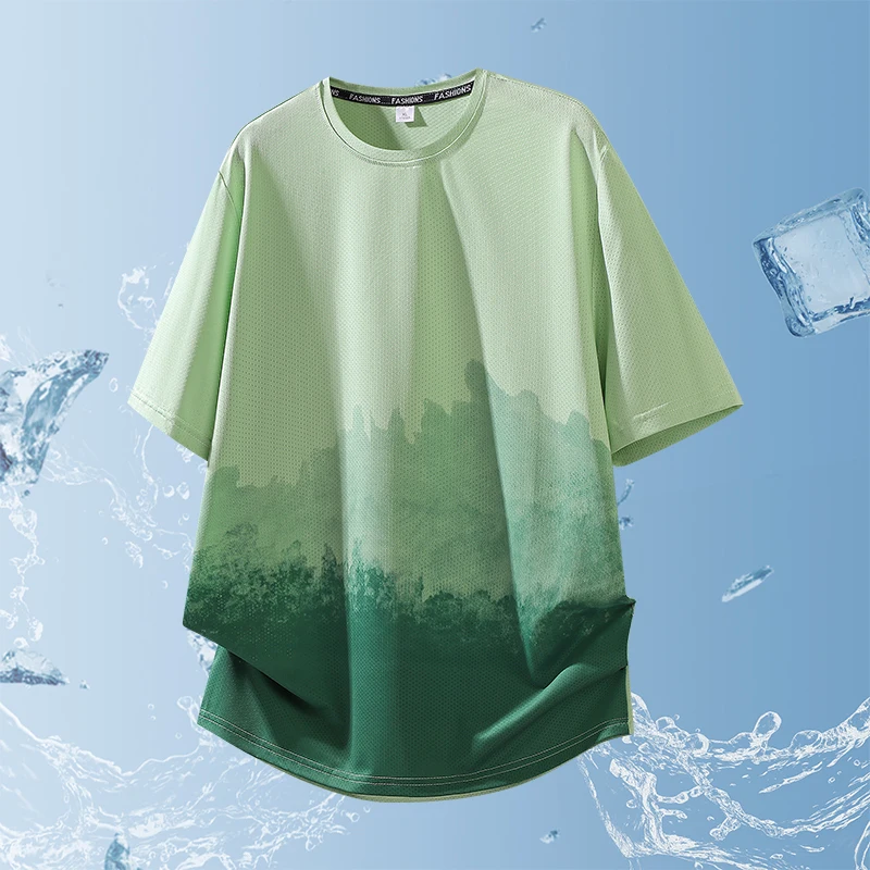 Men's Summer Gradient Color Trendy Short Sleeve T-Shirt Ice Silk Quick Dry Round Neck Sports Top for Running Versatile T-Shirt