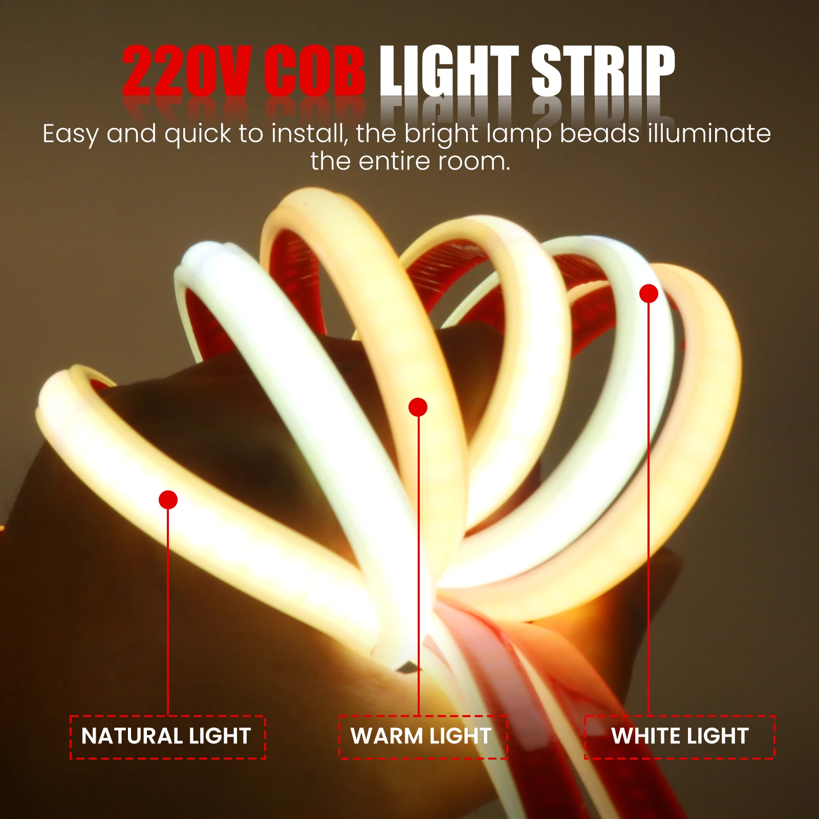 220V Adhesive COB LED Strip Light 240LEDs/m Outdoor Lamp Waterproof Neon Tape With EU UK Power Plug For Garden Kitchen Lighting