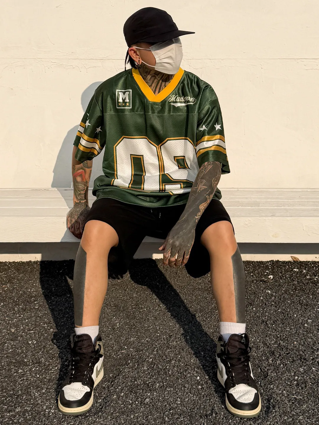 American Retro Color Block Digital Print V-neck Short Sleeve T-shirt Men's Summer Green Football Sport Style 09 Jersey