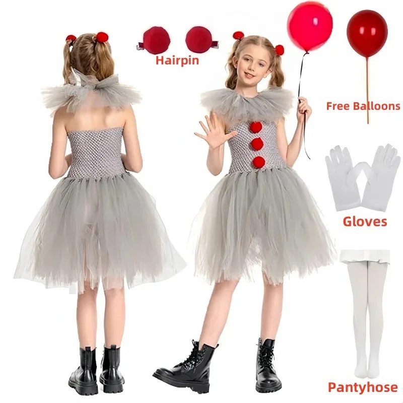 

Gray Joker Dress Pennywise Tutu Dress Creepy Clown Kids Carnival Party Cosplay Clothing Children Tulle Halloween Girls Costume
