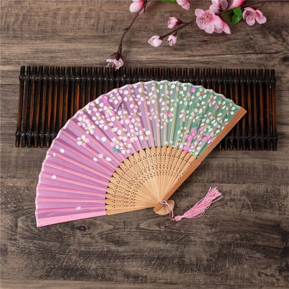 Chinese Style Folding Fan Silk Cloth Flower Print Bamboo Fan Portable Decorative Hand Held Fan Cosplay Wedding Party Props Decor