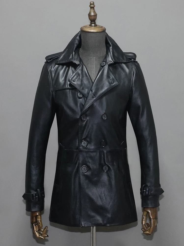 Gabardina de cuero genuino para hombre, chaqueta y abrigo de cuero de vaca, doble botonadura, longitud media, negro, talla grande XXXL, primavera y