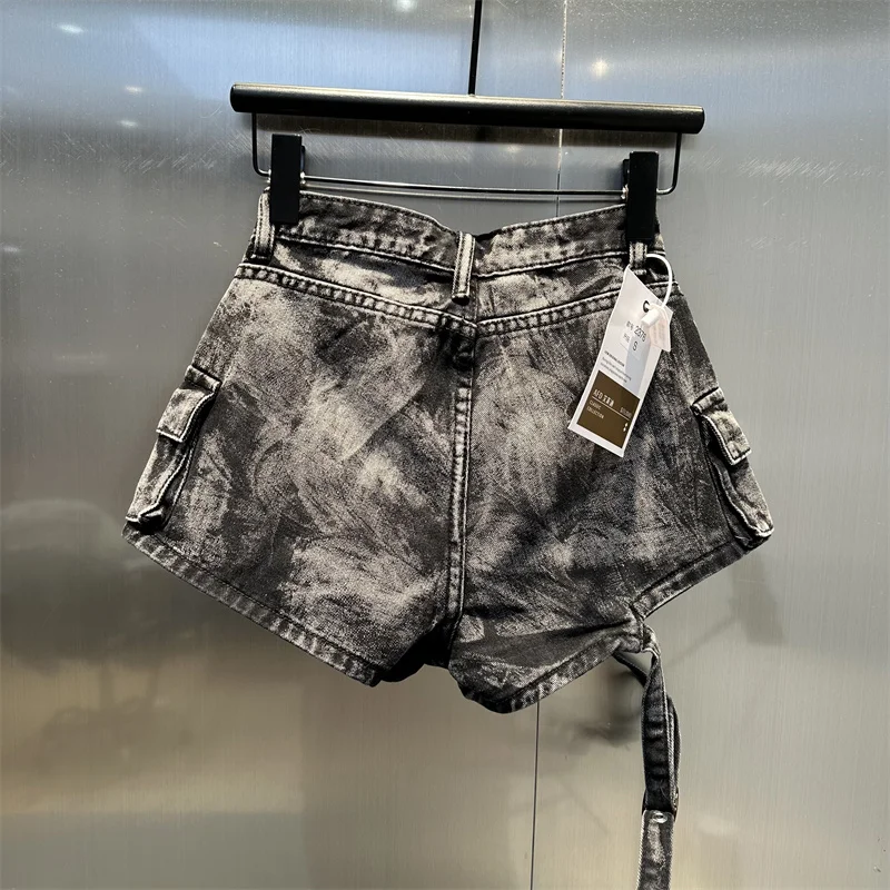 Street Fashion Denim Shorts Bandage Sexy Pockets Side Wide Leg Hot Pants A Line Jeans Shorts 2024 Summer Fashion Black Blue Y2k