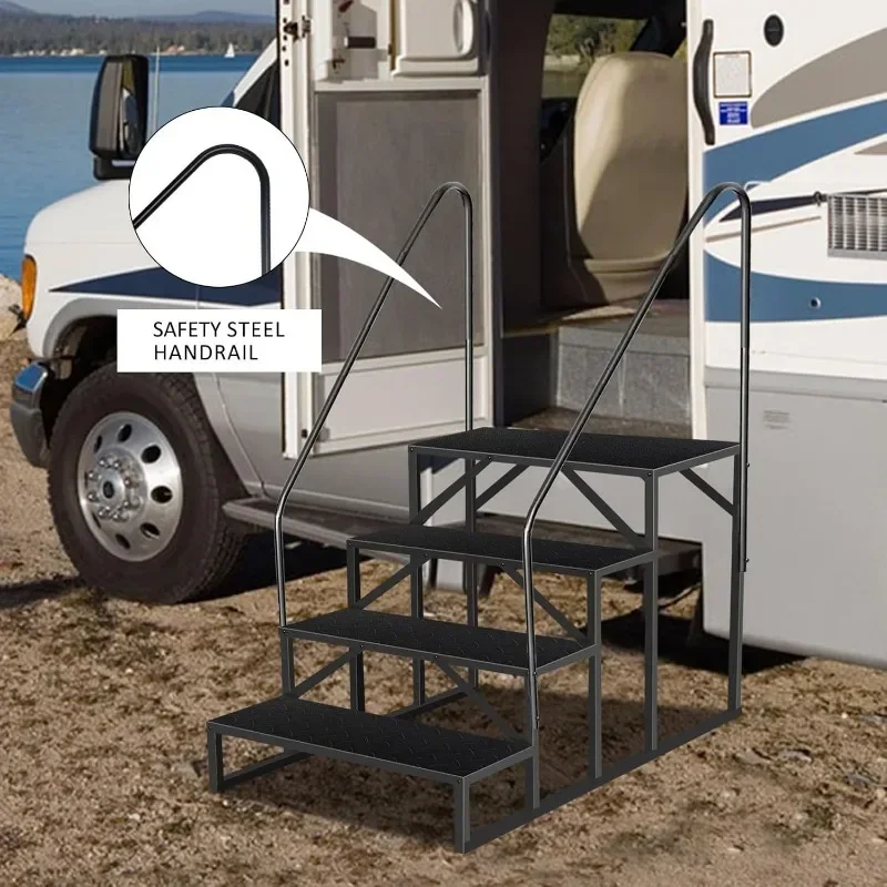 RV Steps with Handrails, 4 Step RV Stairs 660 lbs Load Capacity, Step Ladder with Anti-Slip Panel, Mobile Home Stairs