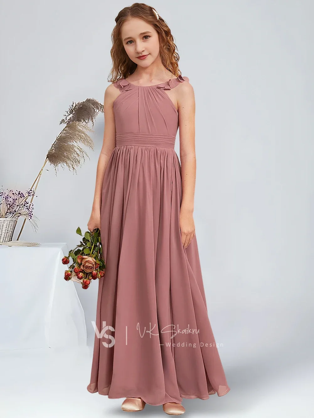 فستان وصيفة العروس للأطفال على شكل حرف a بطول الأرض من الشيفون مع تفاصيل زهور وردية صحراوية فساتين فتاة الزهور الجميلة للأطفال #4