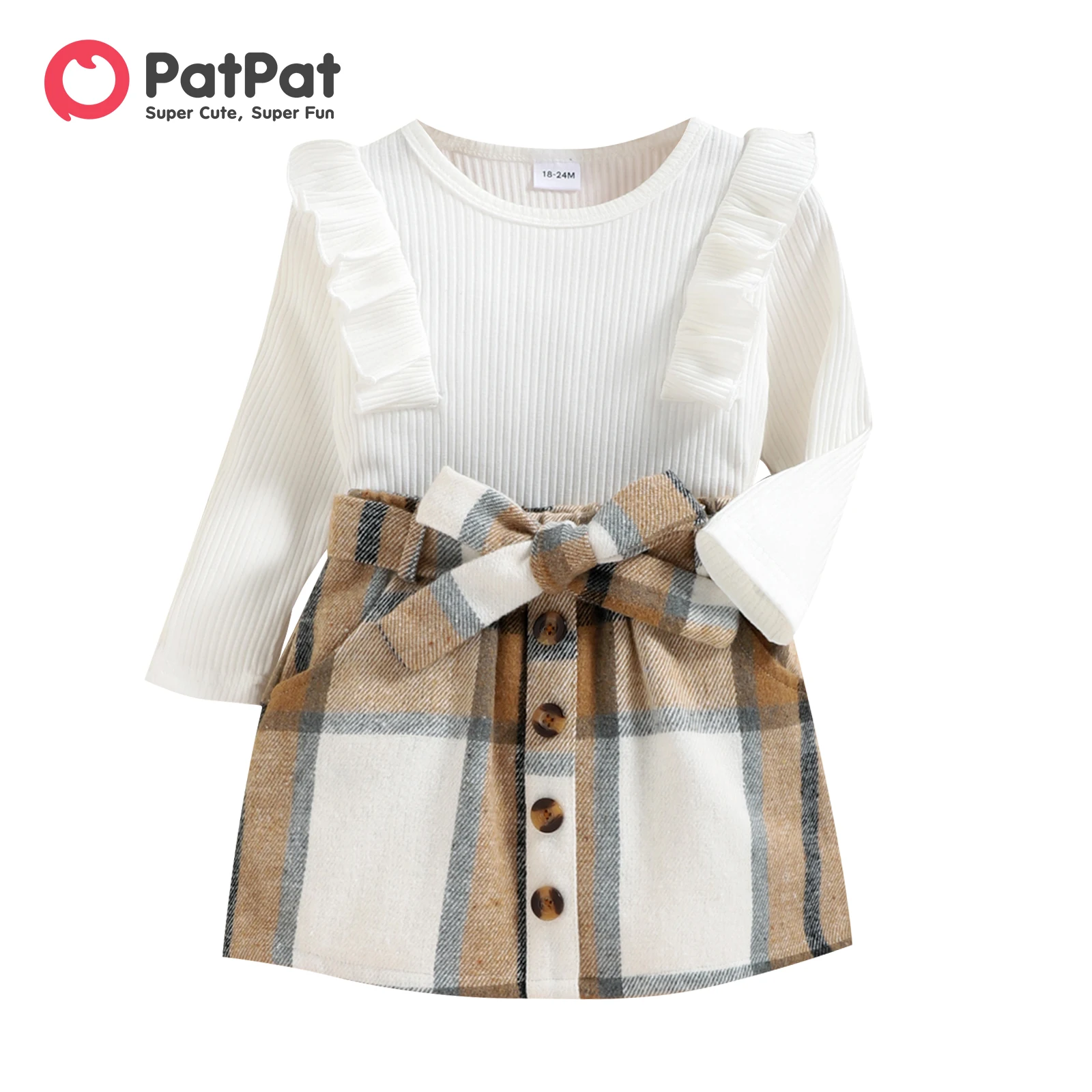 

PatPat 2pcs Toddler Girl Trendy Ruffled Ribbed Long-sleeve Tee and Plaid Button Design Skirt Set