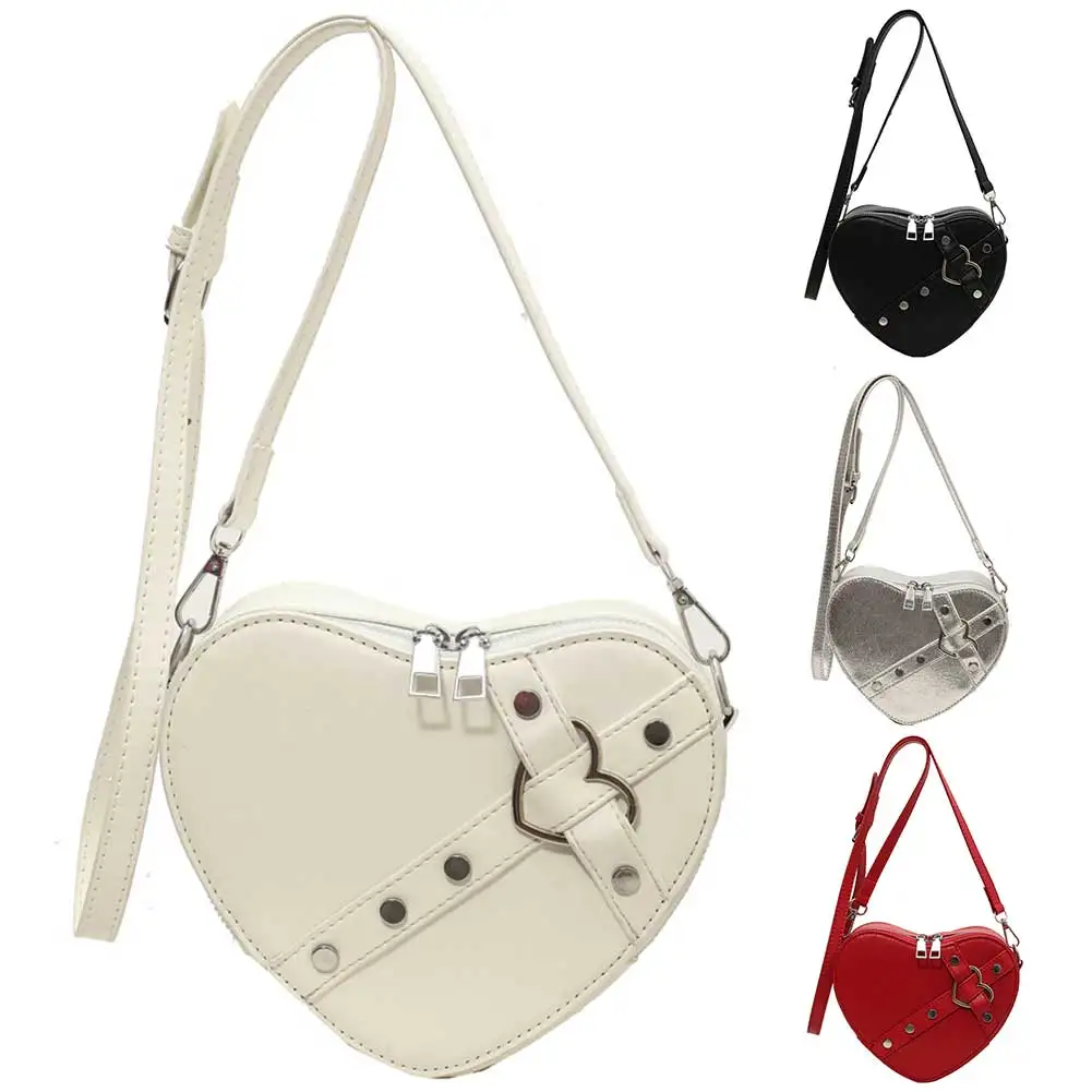 

Women Heart Shape Sling Bag PU Leather Small Heart Rivet Bag Solid Color Adjustable Strap Girls Dating Bag