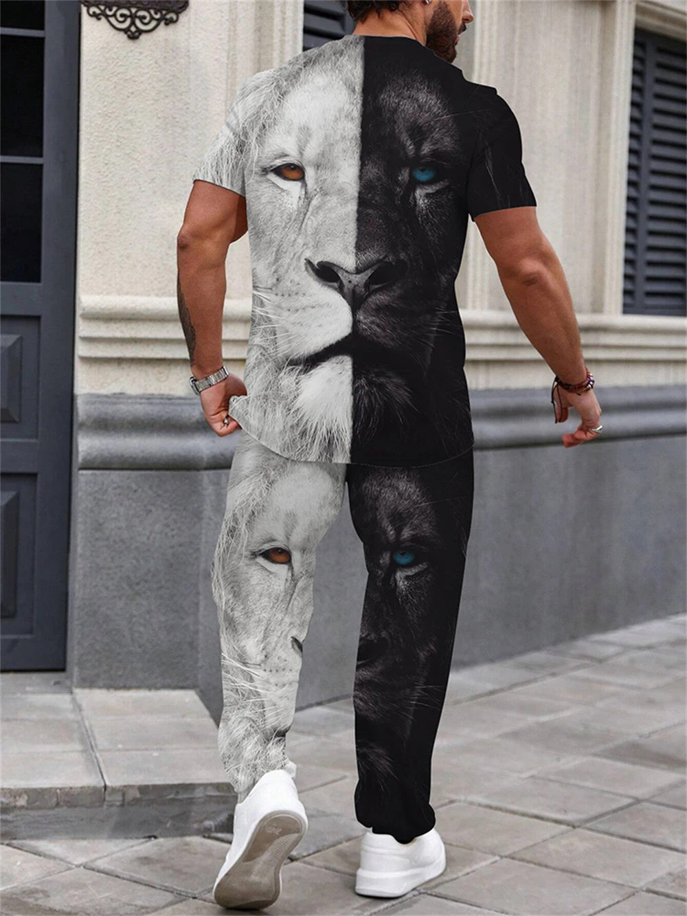 Conjunto de dos piezas con estampado de cabeza de lobo en blanco y negro para hombre, camiseta y pantalón de manga corta con cuello redondo informal