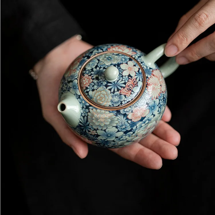 Ru Kiln Filigree Gold Blooming Flowers Like Brocade Xishi Pot Can Be Raised Ceramic Single Brewing Teapot Tea Infuser Tea Kettle