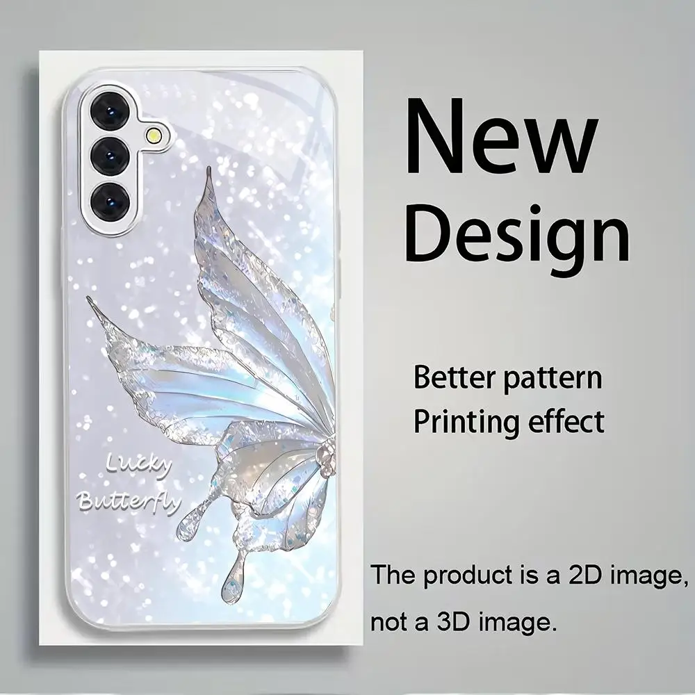 Sparkling silver butterfly glass phone case suitable for Samsung Galaxy S26 S25 S24 S23 S22 S21 S20 FE/Ultra/Plus anti drop