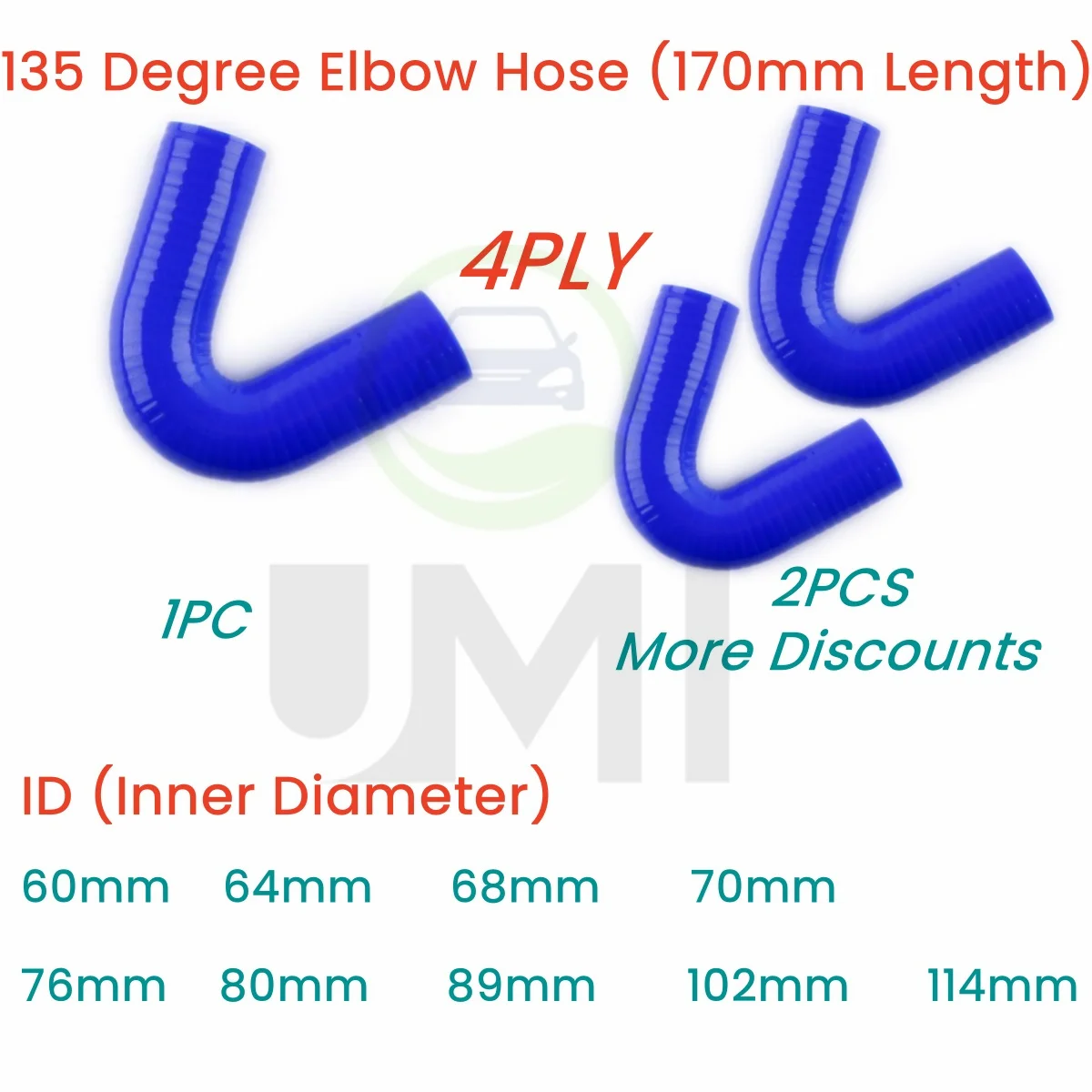 

Blue 135° 135 degree Elbow Hose Silicone Coolant Intercooler ID 60mm 64mm 68mm 70mm 76mm 80mm 89mm 102mm 114mm 1PC or 2PCS 4PLY