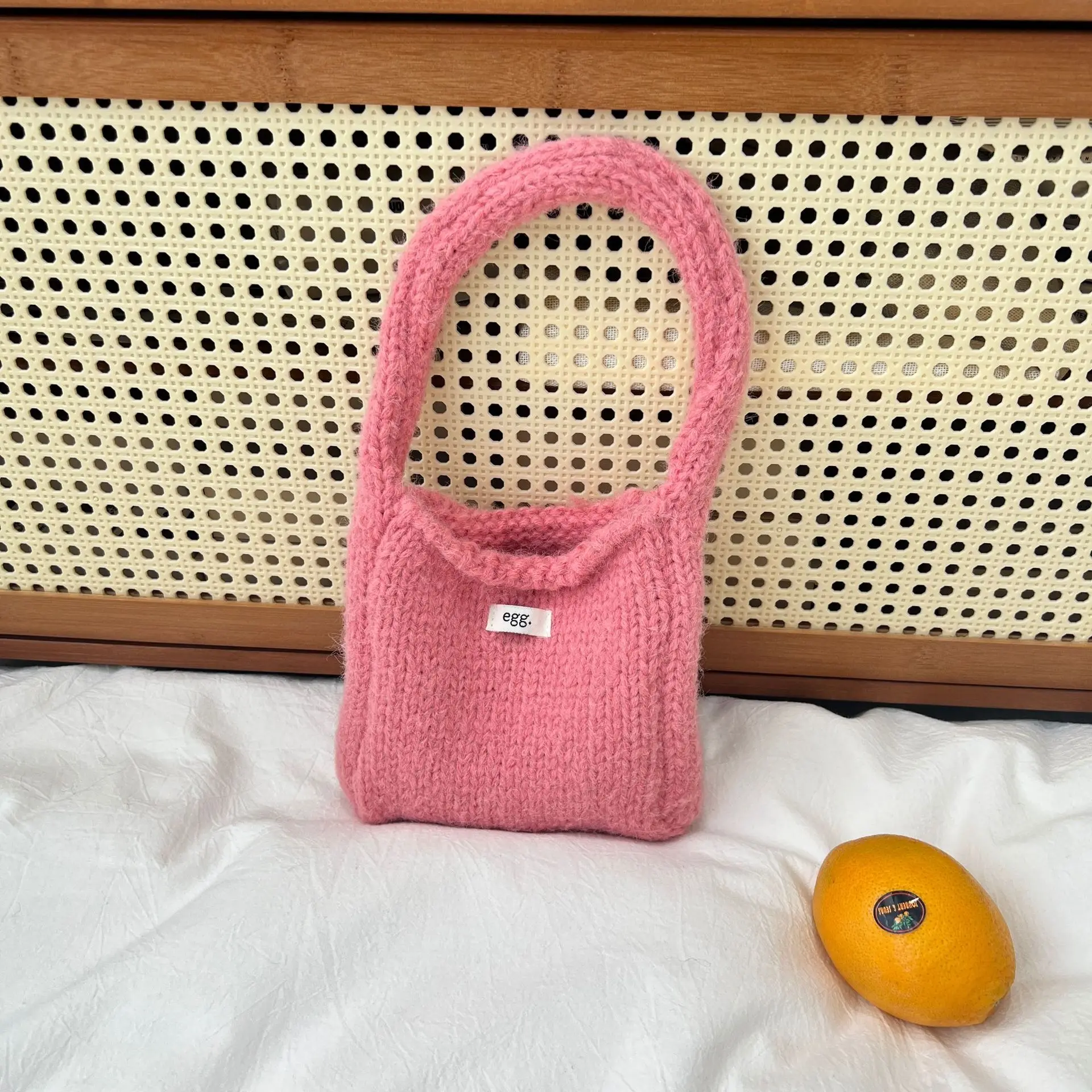 Handmade Knitted Handbag Minimalist Wool Woven Shoulder Bag Korean Solid Versatile Student Commuting Pouch Shopper Autumn Winter