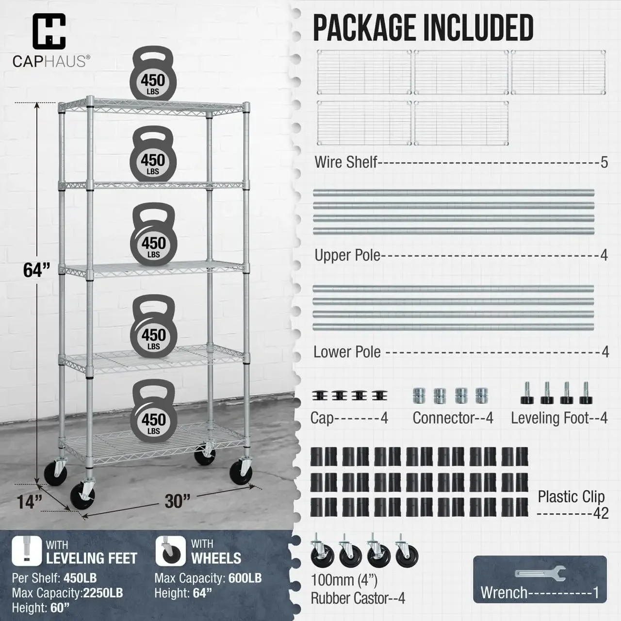 CAPHAUS Heavy Duty NSF Commercial Wire Shelving, 5-Tier, with Wheels & Feet, Silver Grey, 30