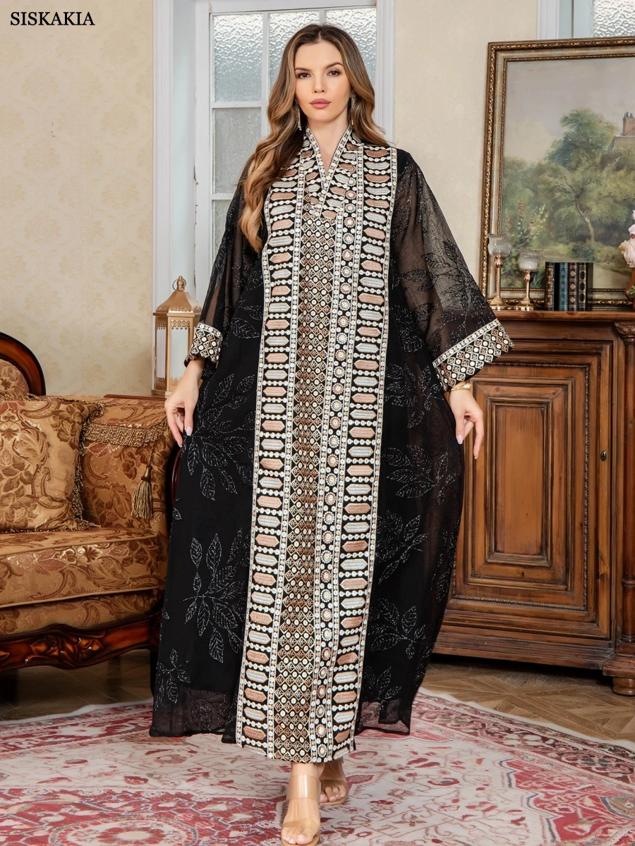 

Siskakia Fashion Dubai Embroidery Maix Dresses For Women Gala Muslim Mesh Sleeve Abaya