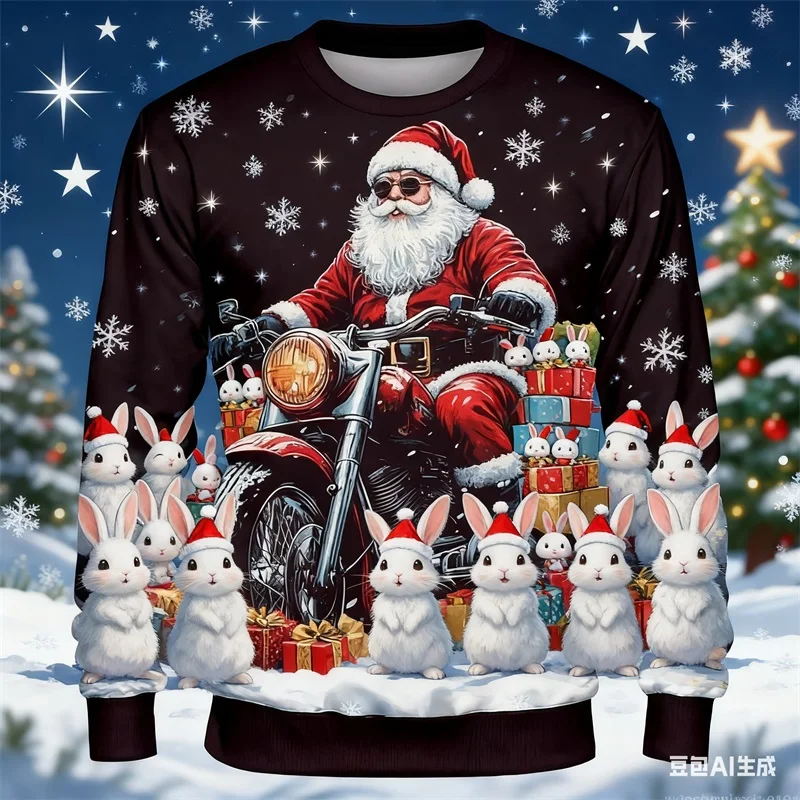 عيد الميلاد الرجال سانتا كلوز دراجة نارية بلوزات طويلة الأكمام طاقم الرقبة بارد الشارع نمط هوديس 3D الطباعة عطلة رياضية #5