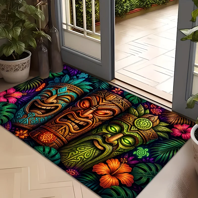 Boho Tropical Tribal Mask Pattern Doormat Welcome Entry Mat Outdoor Jungle Leaf Ethnic Aesthetic Floor Decor Accent Rug for Home
