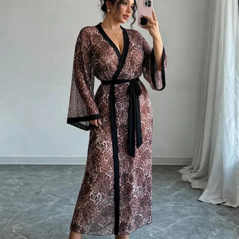 Sexy Leopard Print Robe Mesh Bell Sleeve Bathrobe Kimono Loose Gown Belt Casual Loungewear Dressing Gown Sleepwear Lingerie