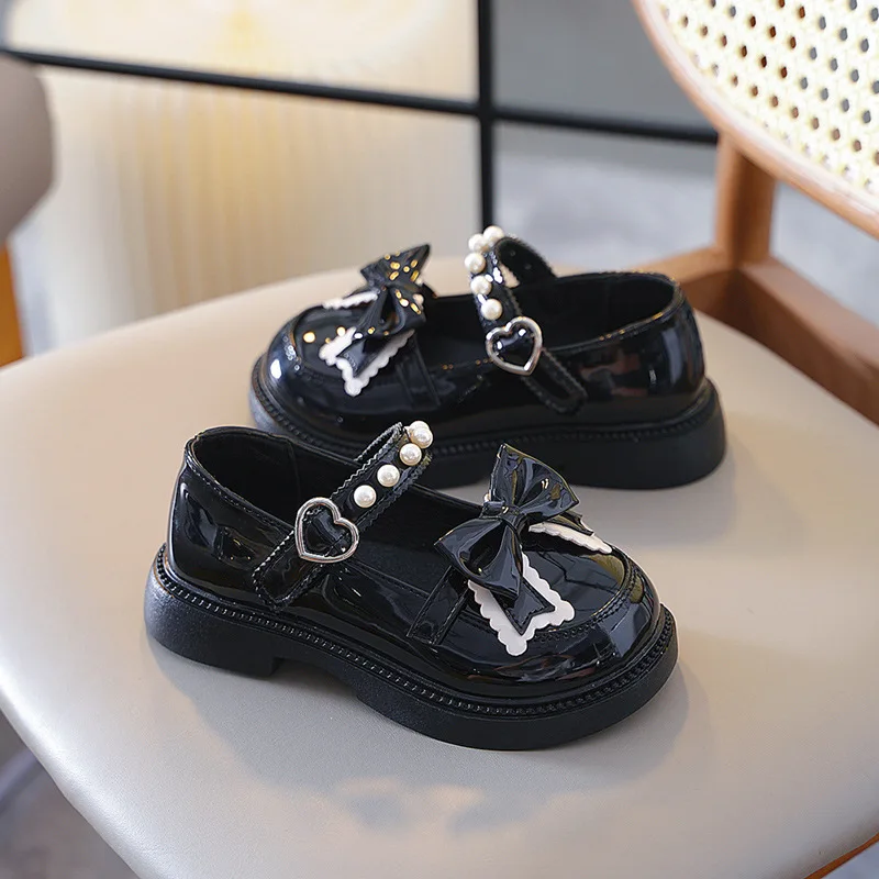 Autumn New Girls Leather Shoes Black Beige Kid Princess Mary Janes Elegant Bowknot Pearl Hook-loop Stylish Children Chunky Shoes