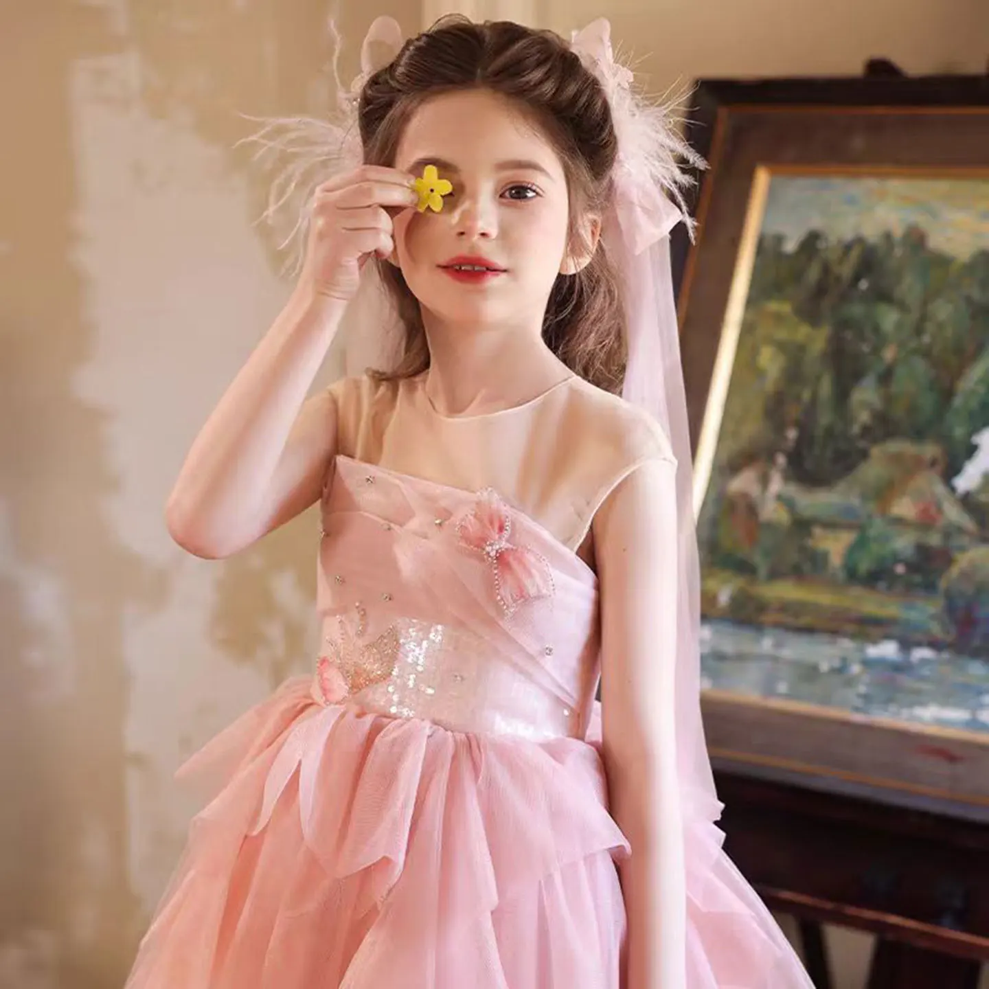 Jill Wish J527 Elegantes rosa Perlen-Blumen-Mädchenkleid mit Schleife, Pailletten, A-Linie, Prinzessin, Hochzeit, Geburtstag, Party, Abendkleid