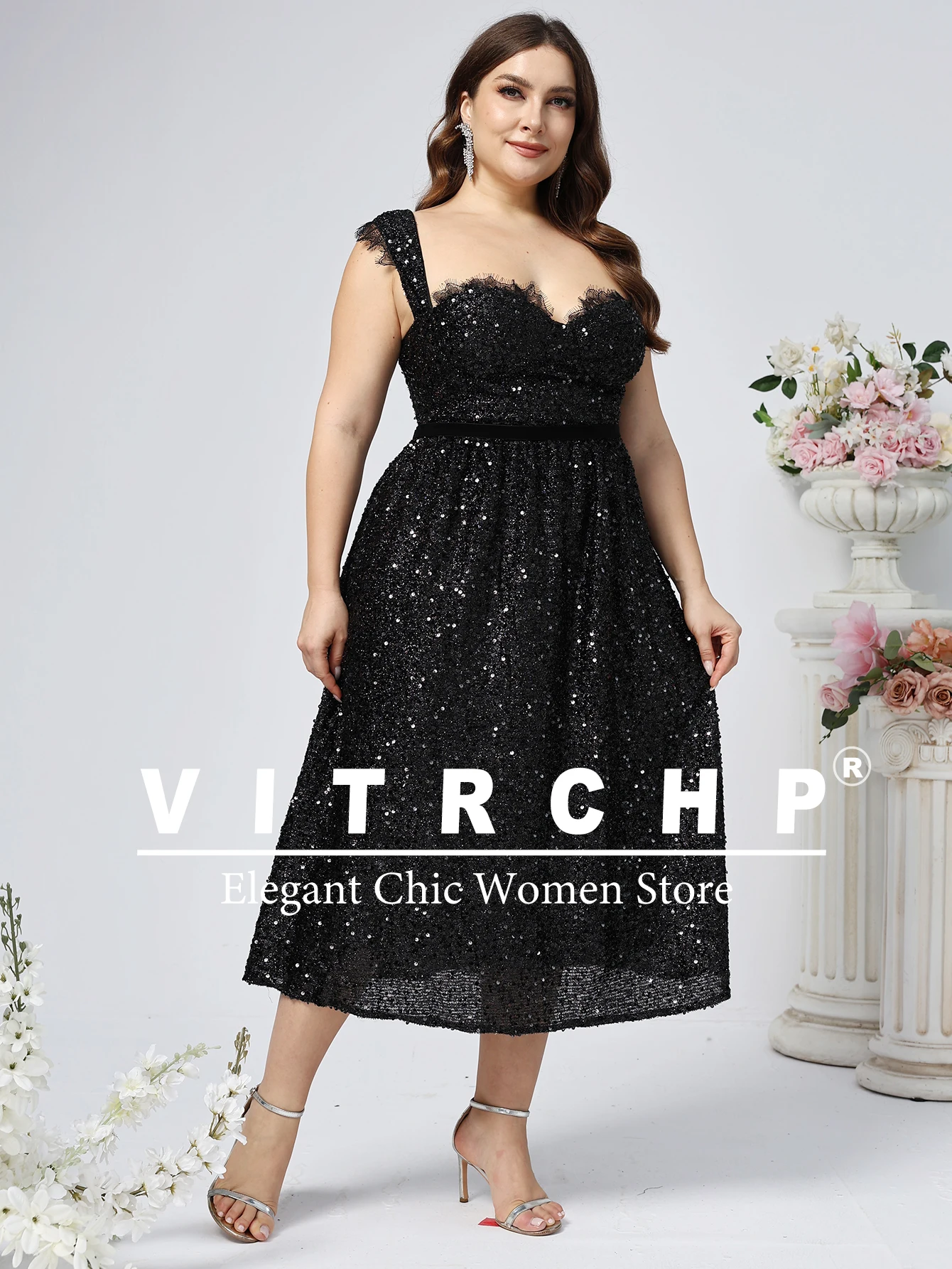 Sexy V-neck Formal Party Prom Dress Open Back Sequins Wedding Party Dress Lace Bridesmaid Dress Black Graduation Dress