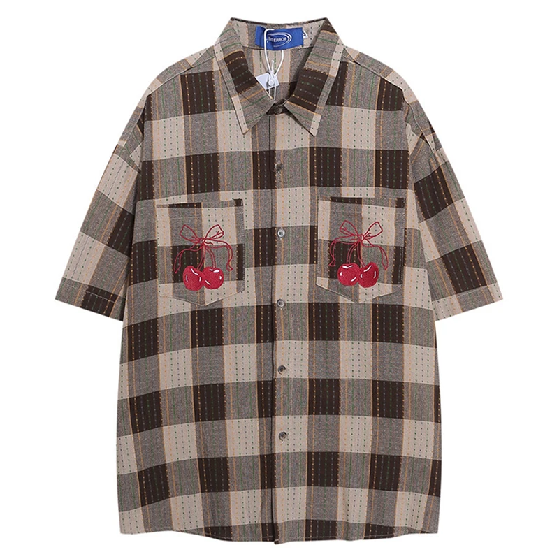 

Harajuku Summer Short Sleeve Plaid Shirt for Men Lapel Patchwork Hip Hop Overalls Streetwear Vintage Loose Oversized Tops Tees